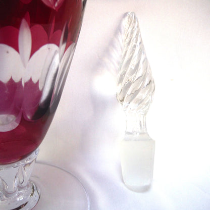 Cranberry-Coloured Etched-Crystal Tall Decanter and FOUR Matching Tall Glasses from Italy