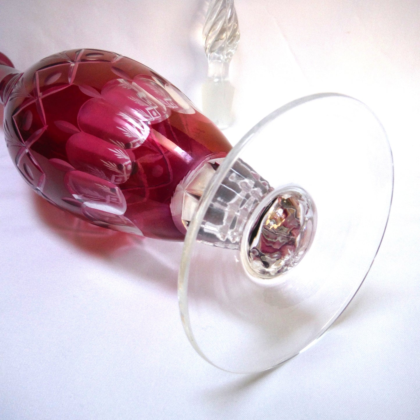 Cranberry-Coloured Etched-Crystal Tall Decanter and FOUR Matching Tall Glasses from Italy