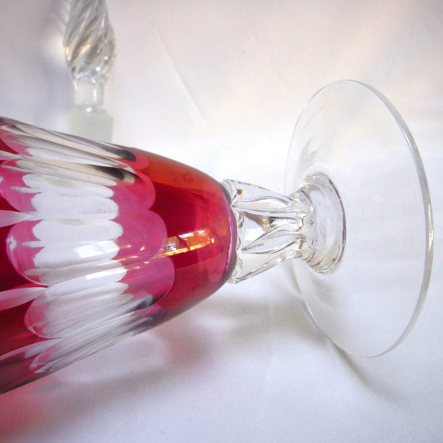 Cranberry-Coloured Etched-Crystal Tall Decanter and FOUR Matching Tall Glasses from Italy