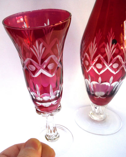 Cranberry-Coloured Etched-Crystal Tall Decanter and FOUR Matching Tall Glasses from Italy