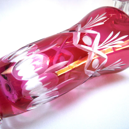 Cranberry-Coloured Etched-Crystal Tall Decanter and FOUR Matching Tall Glasses from Italy