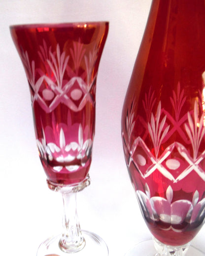 Cranberry-Coloured Etched-Crystal Tall Decanter and FOUR Matching Tall Glasses from Italy