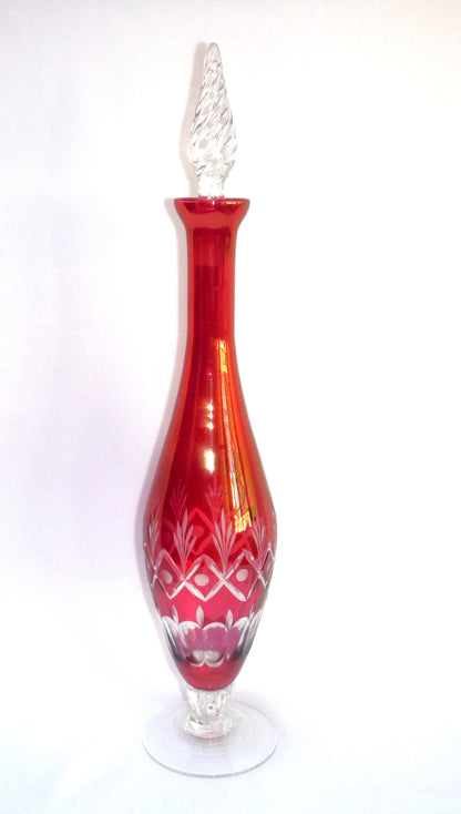 Cranberry-Coloured Etched-Crystal Tall Decanter and FOUR Matching Tall Glasses from Italy