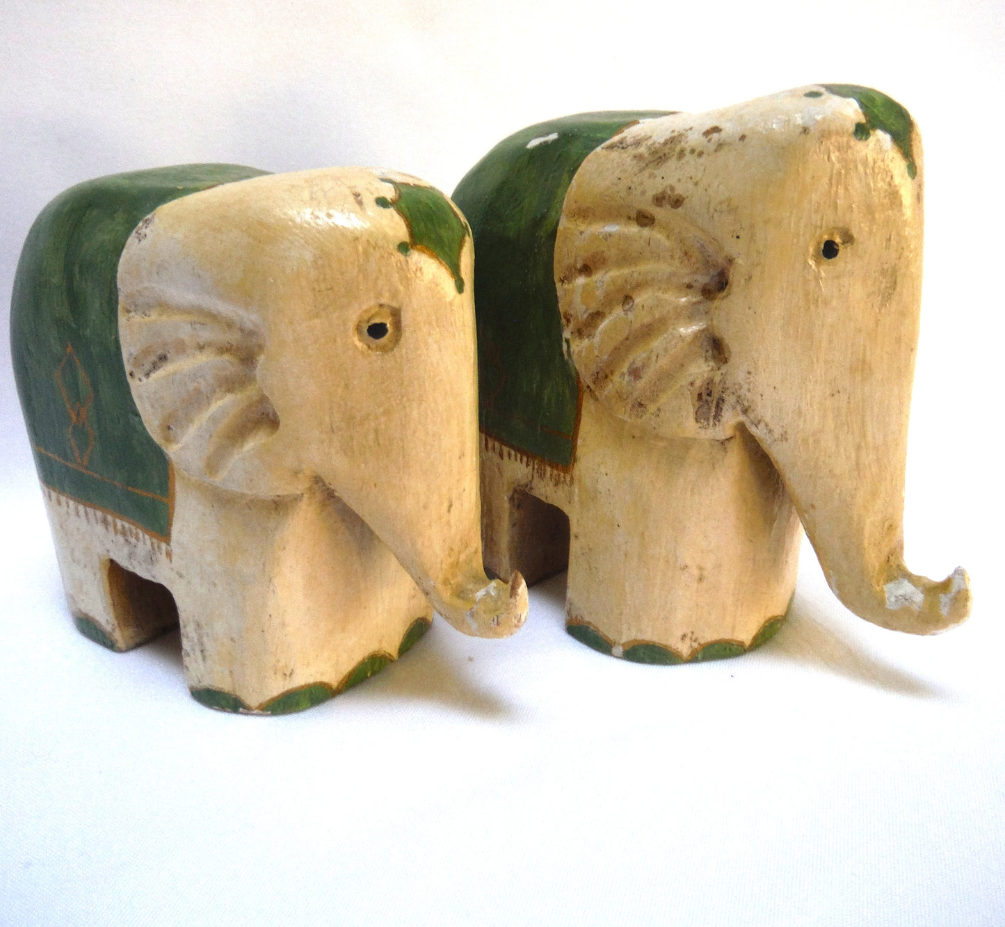 A Pair of Small Wooden Hand-Carved and Painted ELEPHANTS, Hand Made in Equador