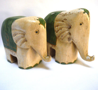 A Pair of Small Wooden Hand-Carved and Painted ELEPHANTS, Hand Made in Equador