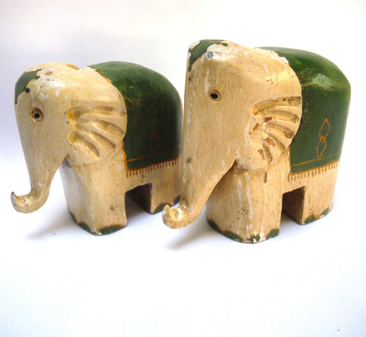 A Pair of Small Wooden Hand-Carved and Painted ELEPHANTS, Hand Made in Equador