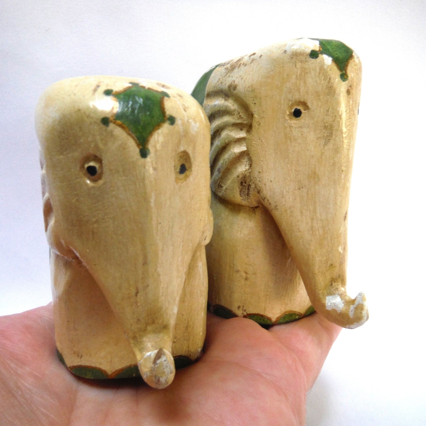 A Pair of Small Wooden Hand-Carved and Painted ELEPHANTS, Hand Made in Equador