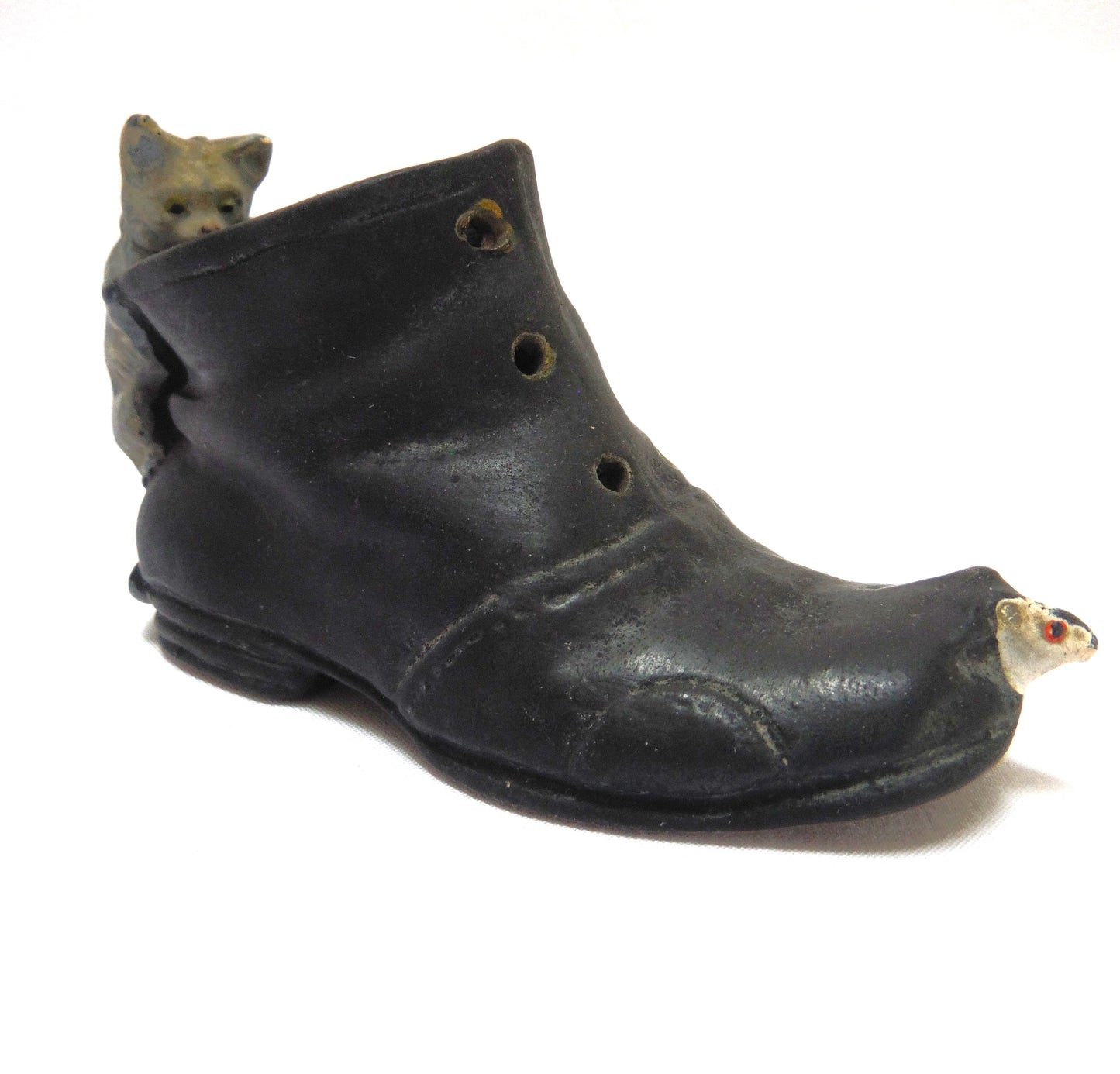 Vintage Ceramic BLACK BOOT, A CAT and The ESCAPING MOUSE Statue: 'PUSS n'BOOTS!