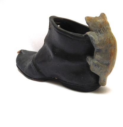 Vintage Ceramic BLACK BOOT, A CAT and The ESCAPING MOUSE Statue: 'PUSS n'BOOTS!