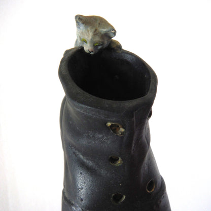 Vintage Ceramic BLACK BOOT, A CAT and The ESCAPING MOUSE Statue: 'PUSS n'BOOTS!