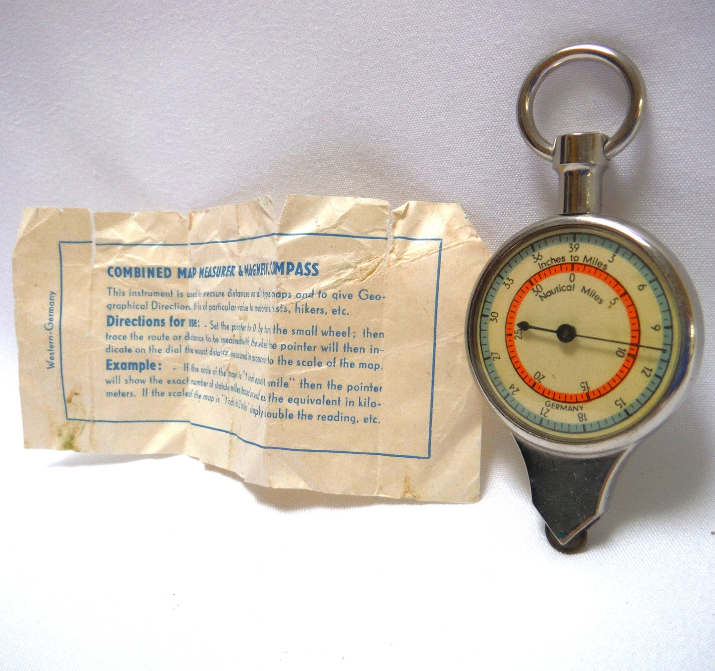 Combined Map Measurer and Magnetic Compass, In Original Leather Case from Western-Germany