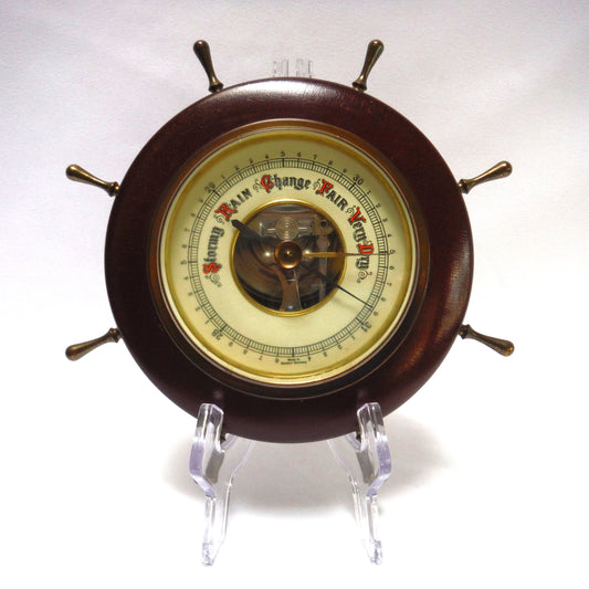 Antique Mahogany and Brass TEMPERATURE BAROMETER in a Ship's Wheel Design, Made in Western Germany