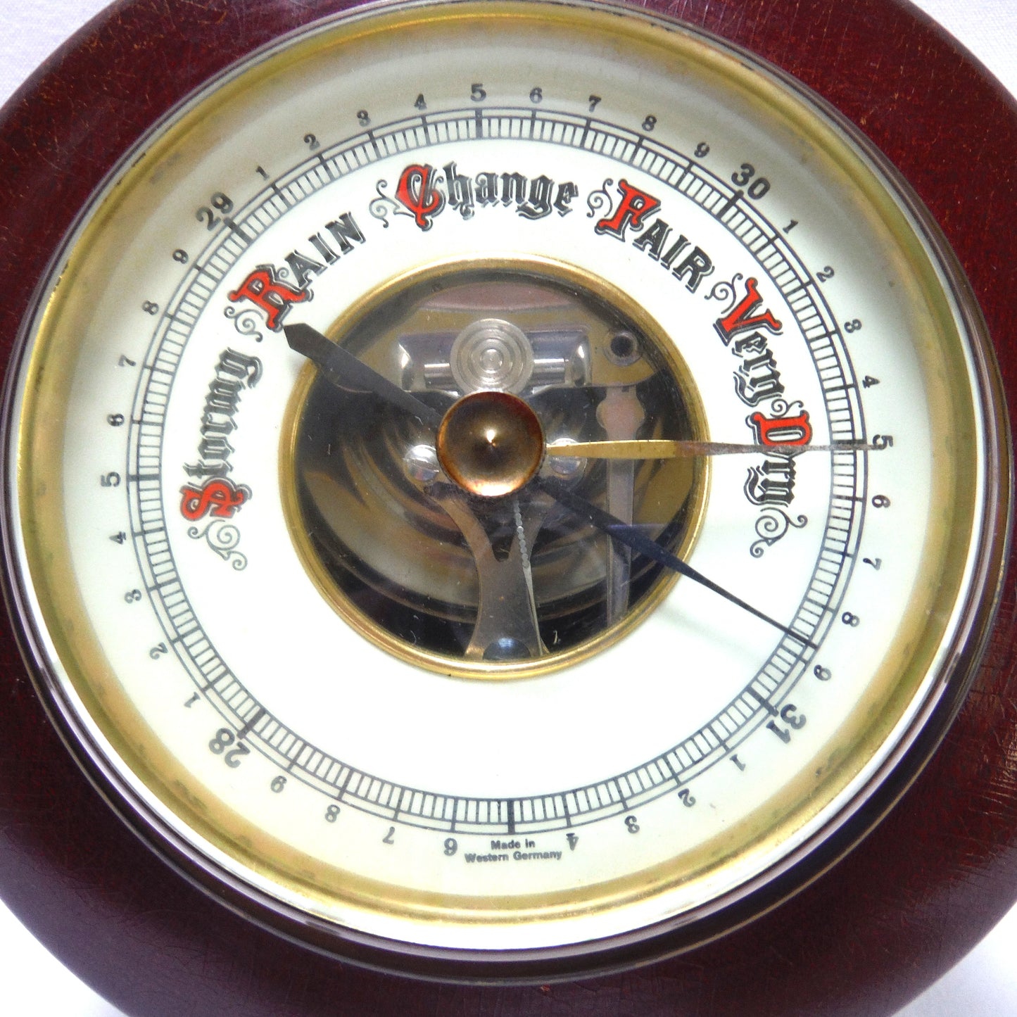 Antique Mahogany and Brass TEMPERATURE BAROMETER in a Ship's Wheel Design, Made in Western Germany