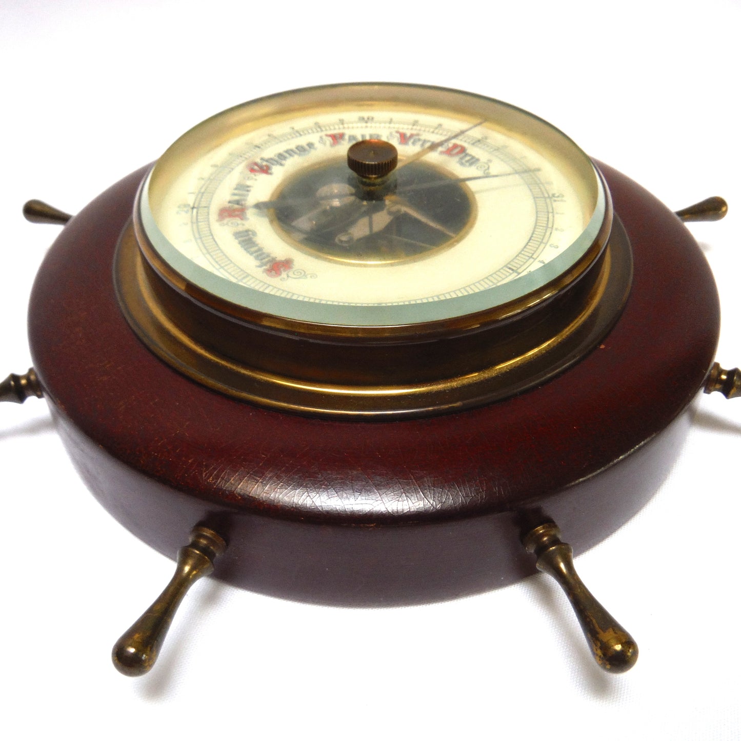 Antique Mahogany and Brass TEMPERATURE BAROMETER in a Ship's Wheel Design, Made in Western Germany