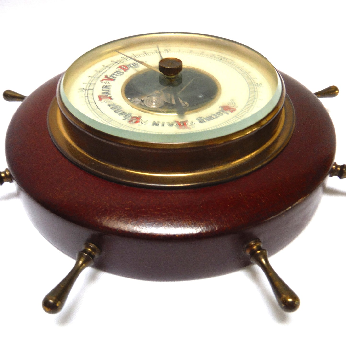 Antique Mahogany and Brass TEMPERATURE BAROMETER in a Ship's Wheel Design, Made in Western Germany