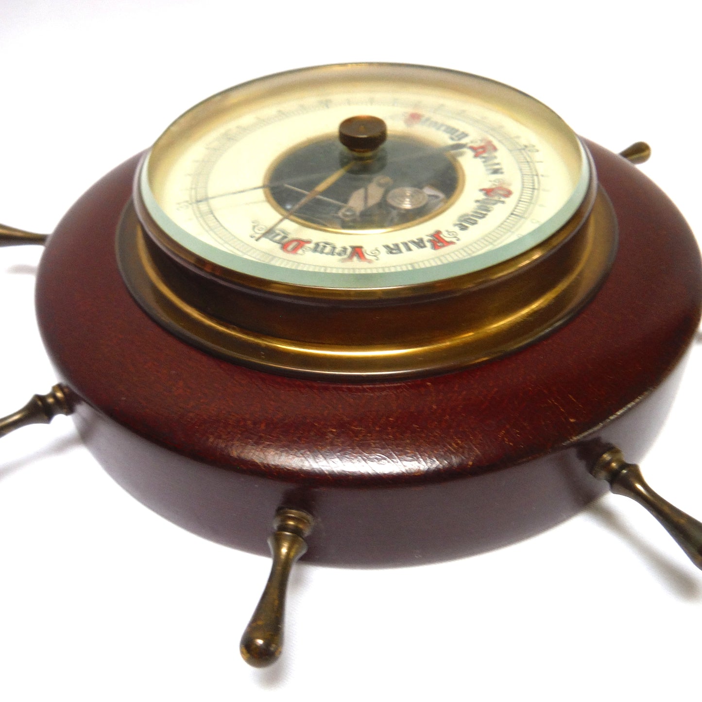 Antique Mahogany and Brass TEMPERATURE BAROMETER in a Ship's Wheel Design, Made in Western Germany