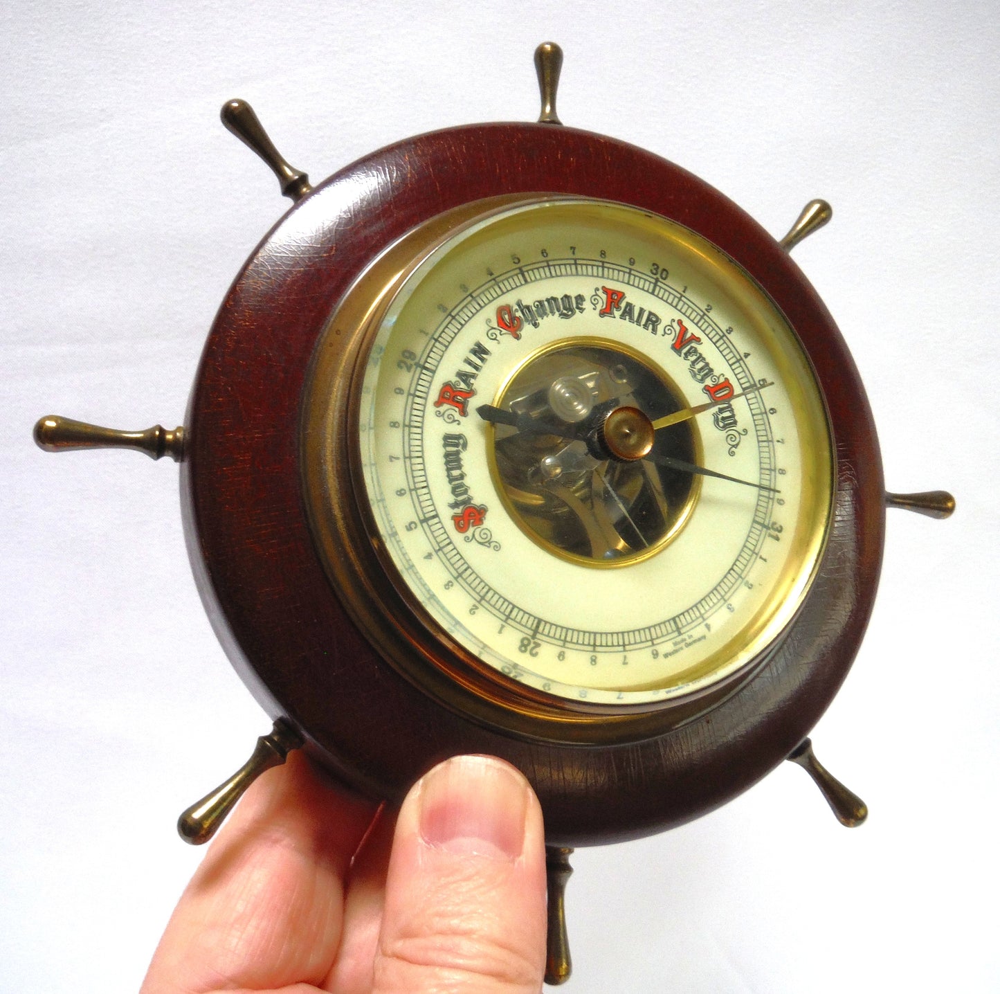 Antique Mahogany and Brass TEMPERATURE BAROMETER in a Ship's Wheel Design, Made in Western Germany