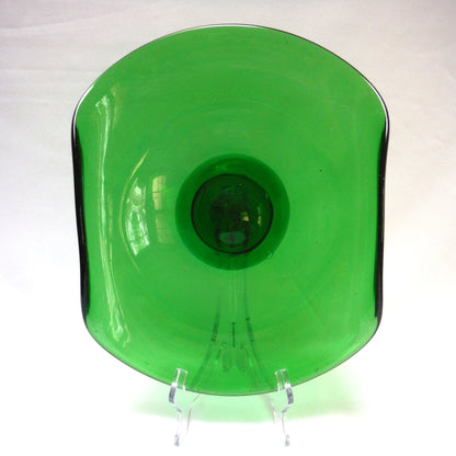 Rare Antique Hand-Blown Green Glass Artwork Bowl, with Curved Sides and Pedestal