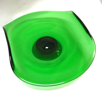 Rare Antique Hand-Blown Green Glass Artwork Bowl, with Curved Sides and Pedestal