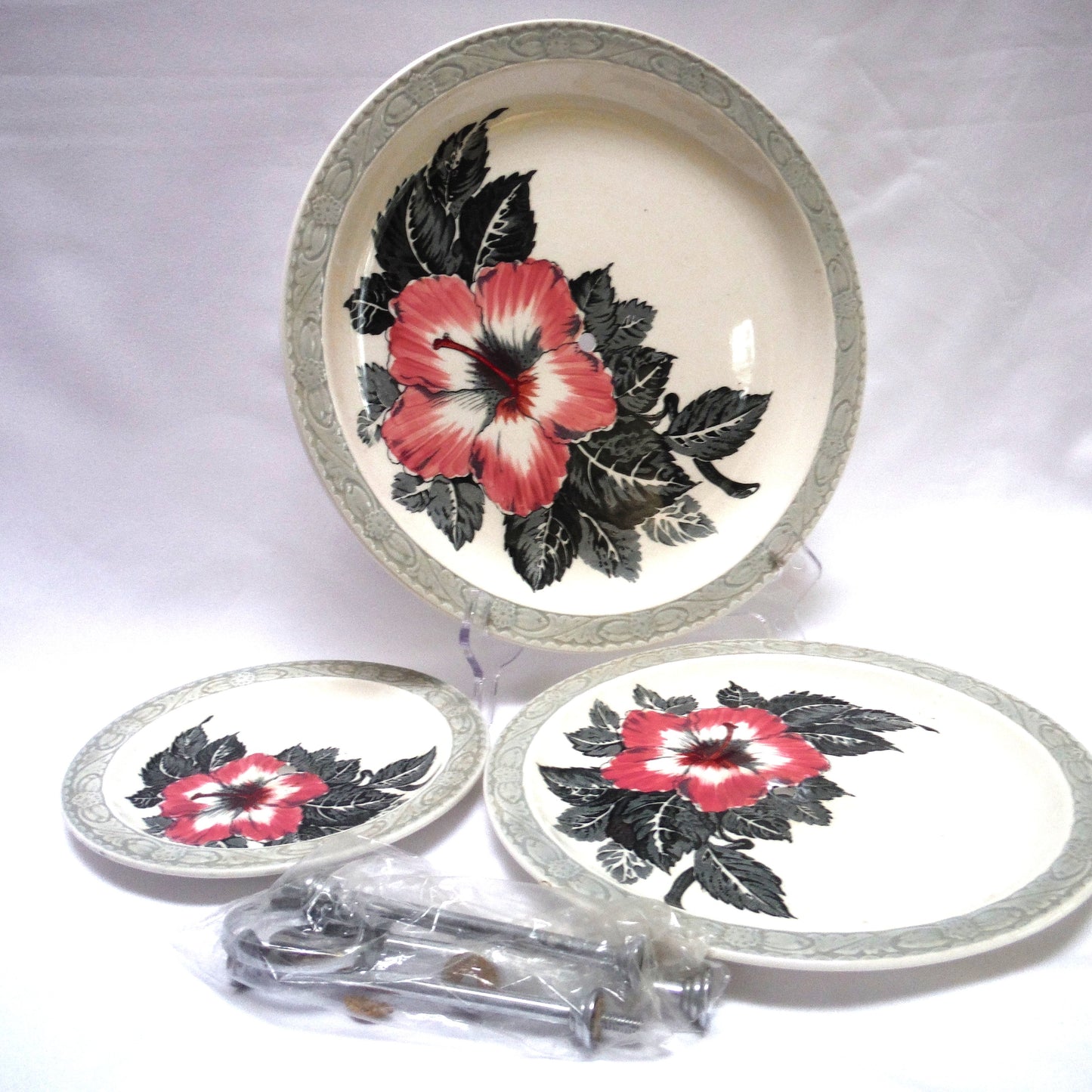 Antique 3-Tier HIGH TEA SERVING SET, 'HIBISCUS by The Barker Brothers of England'