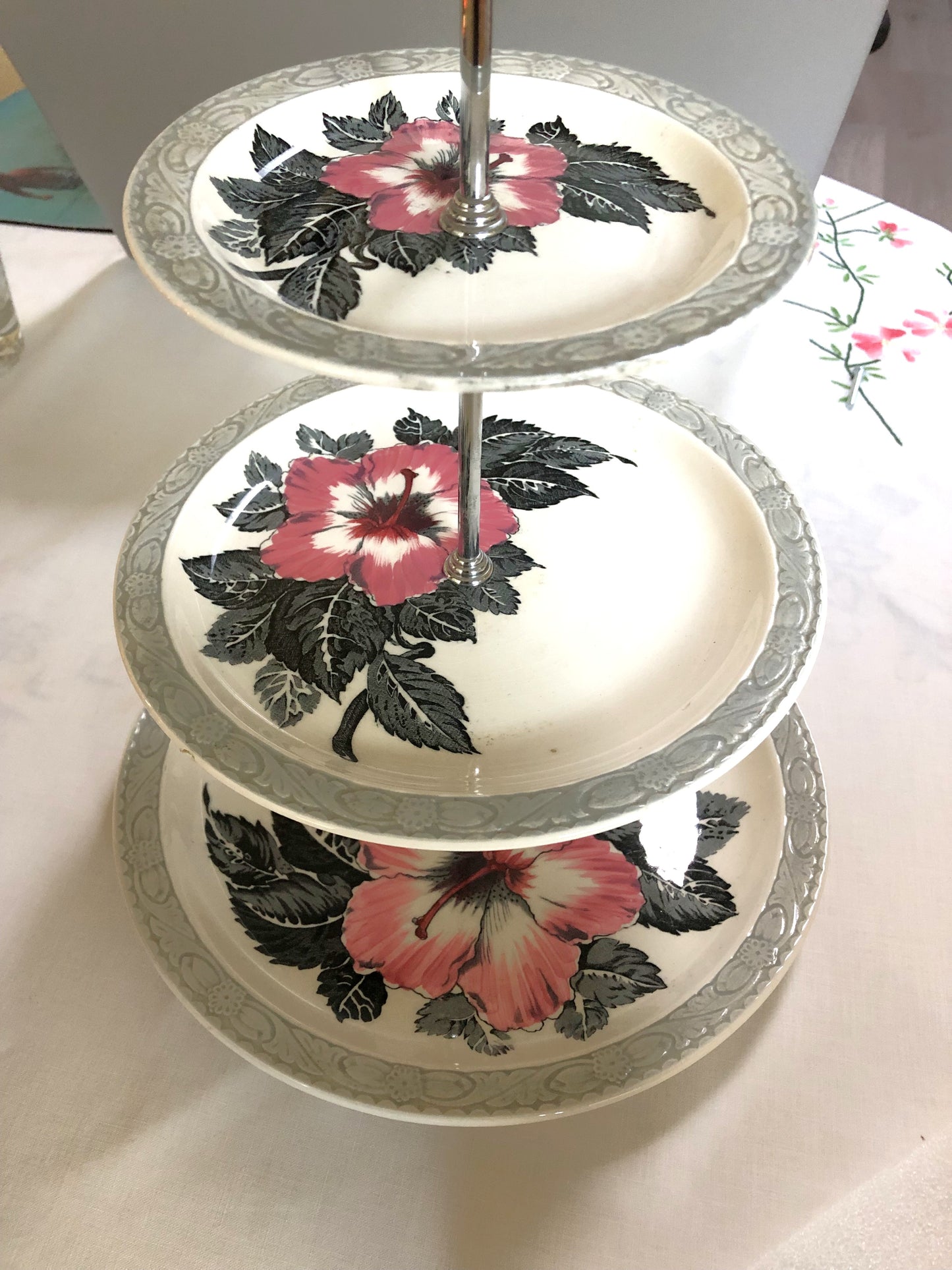 Antique 3-Tier HIGH TEA SERVING SET, 'HIBISCUS by The Barker Brothers of England'