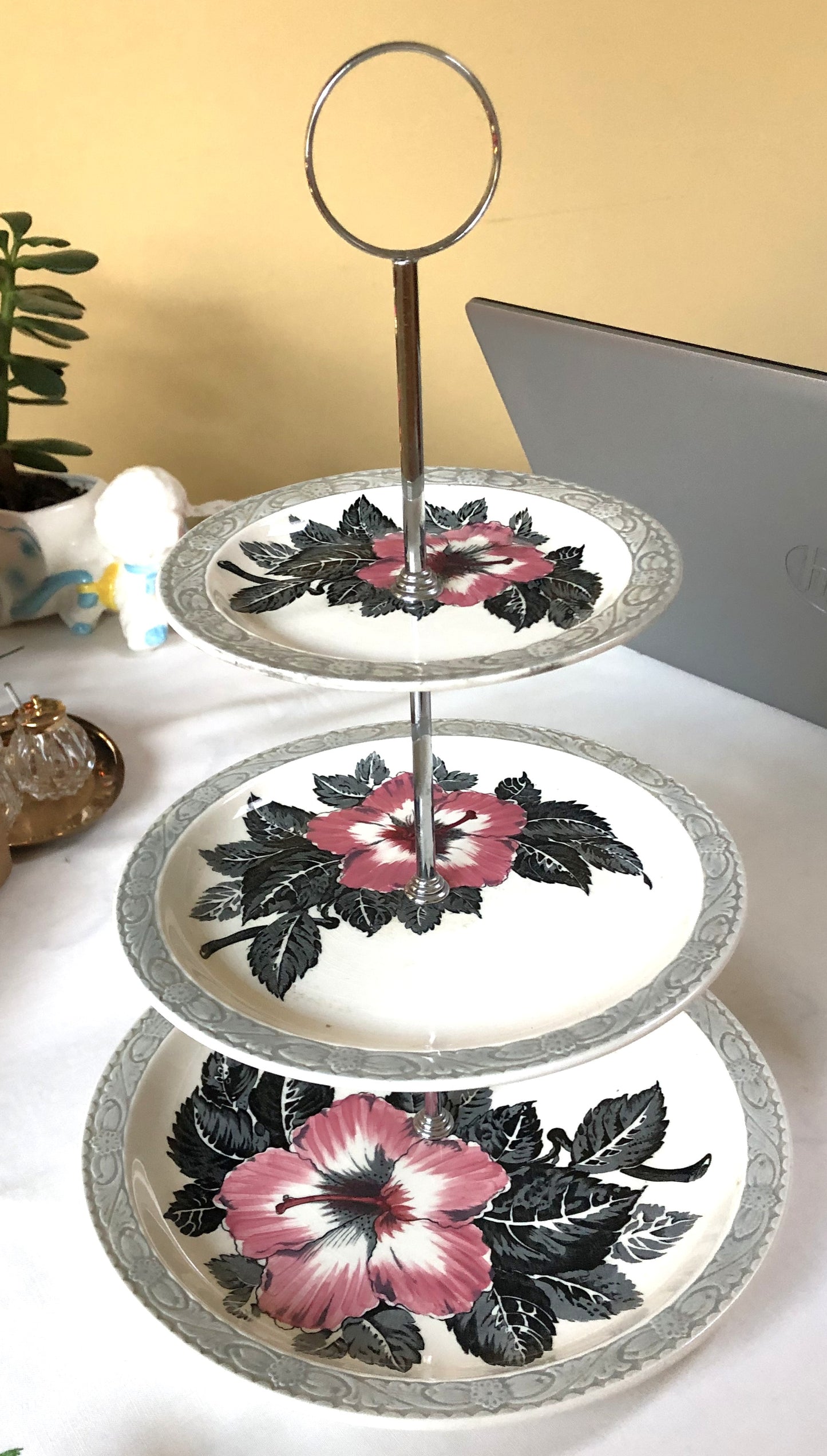 Antique 3-Tier HIGH TEA SERVING SET, 'HIBISCUS by The Barker Brothers of England'