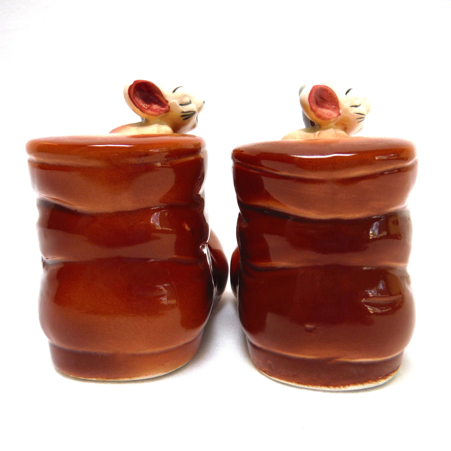 VINTAGE SALT & PEPPER SHAKERS: Cute Little Smiling Mouse Sitting on An Old Brown Boot