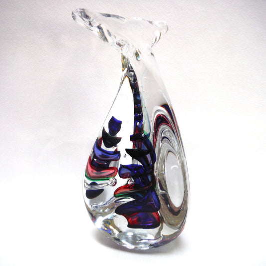 Hand Blown Multi-Coloured Clear Glass Paperweight by by Rubio Tofino: The Blue Green Red DIVING HUMPBACK WHALE