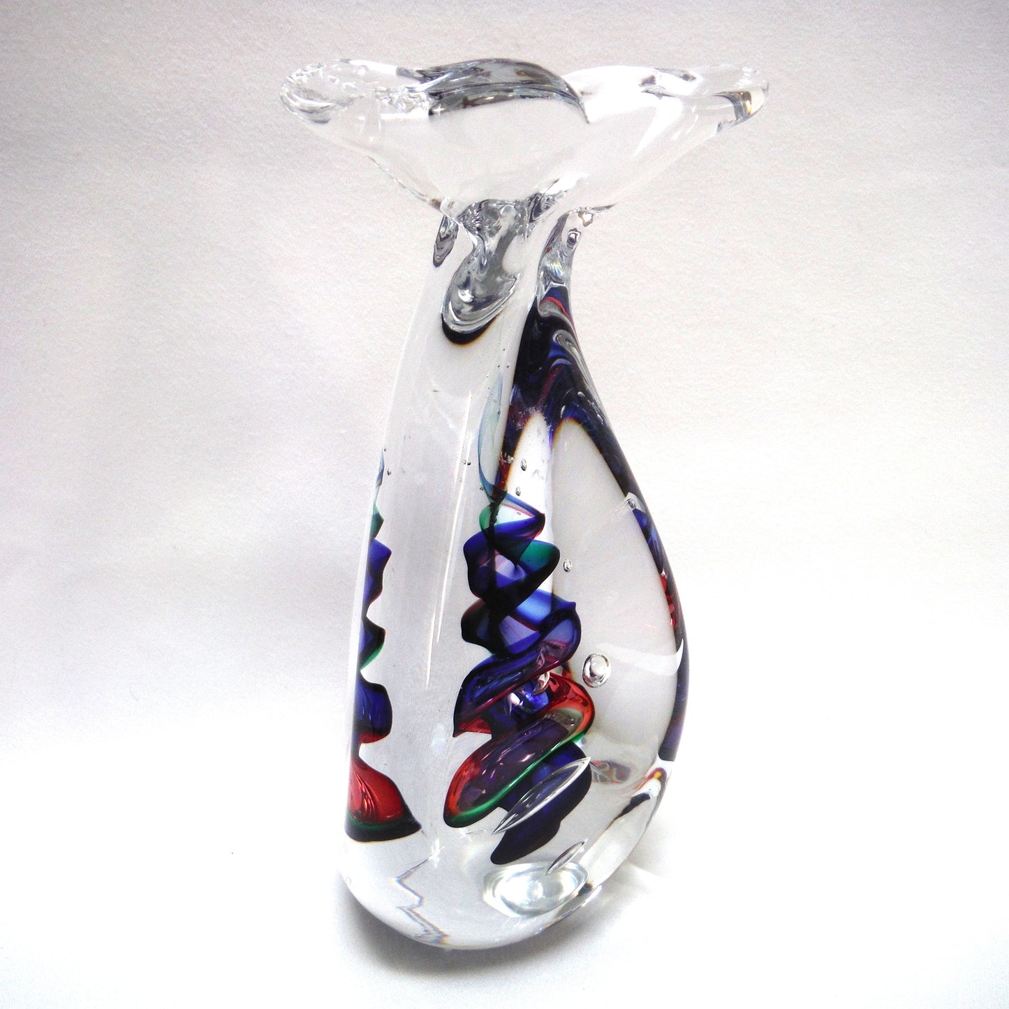 Hand Blown Multi-Coloured Clear Glass Paperweight by by Rubio Tofino: The Blue Green Red DIVING HUMPBACK WHALE