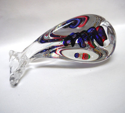 Hand Blown Multi-Coloured Clear Glass Paperweight by by Rubio Tofino: The Blue Green Red DIVING HUMPBACK WHALE