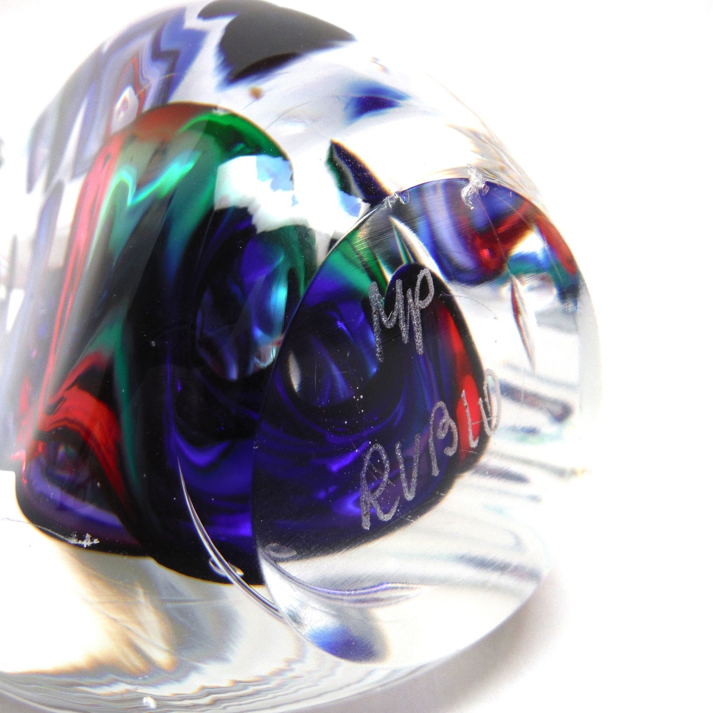 Hand Blown Multi-Coloured Clear Glass Paperweight by by Rubio Tofino: The Blue Green Red DIVING HUMPBACK WHALE