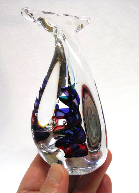 Hand Blown Multi-Coloured Clear Glass Paperweight by by Rubio Tofino: The Blue Green Red DIVING HUMPBACK WHALE