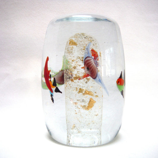Hand Blown Multi-Coloured Clear Glass Paperweight: The Blue Green Red SWIMMING IN CIRCLES TROPICAL FISH