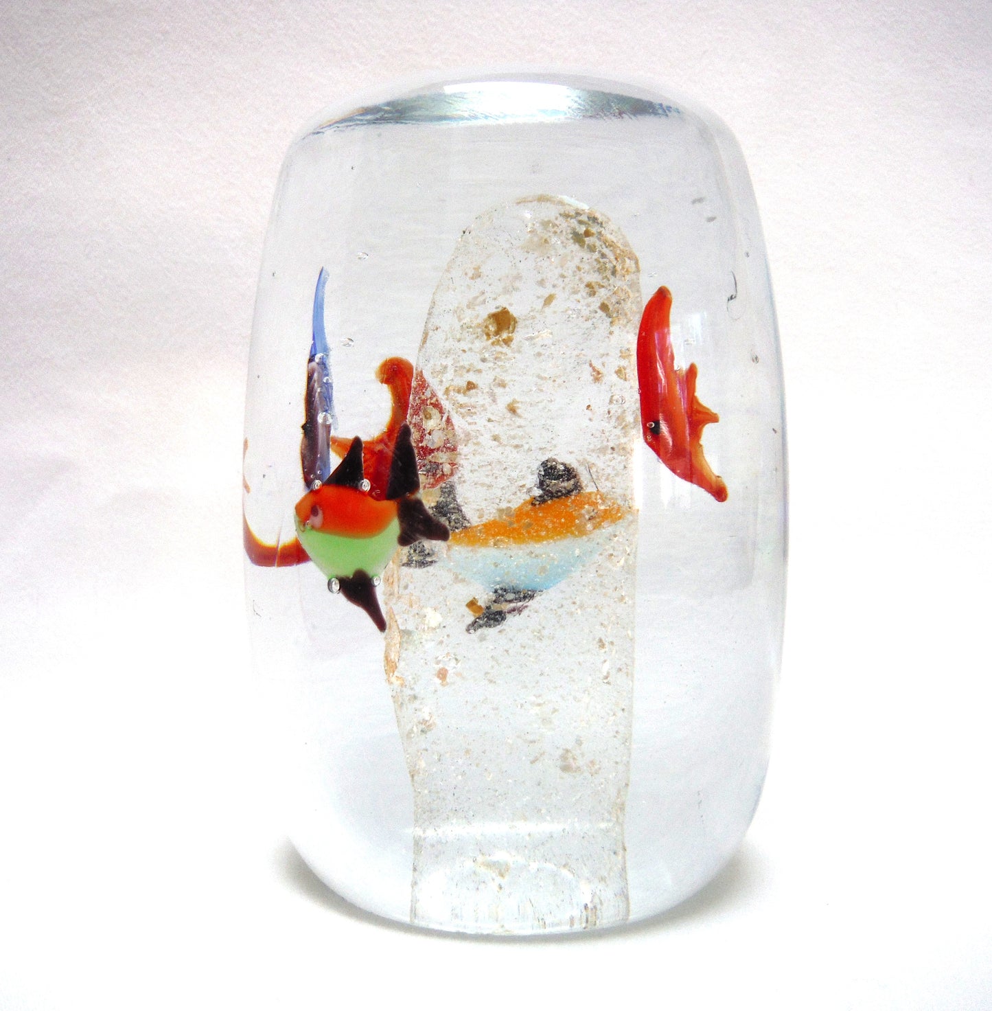 Hand Blown Multi-Coloured Clear Glass Paperweight: The Blue Green Red SWIMMING IN CIRCLES TROPICAL FISH
