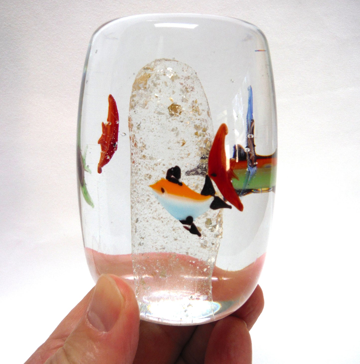 Hand Blown Multi-Coloured Clear Glass Paperweight: The Blue Green Red SWIMMING IN CIRCLES TROPICAL FISH