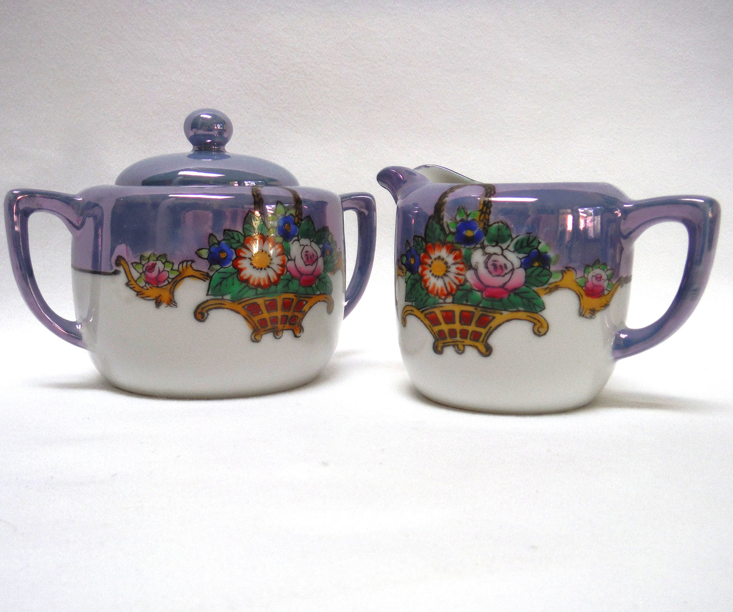 VINTAGE CREAM & SUGAR: Irradescent Robins-Blue Flower Basket by Noritake
