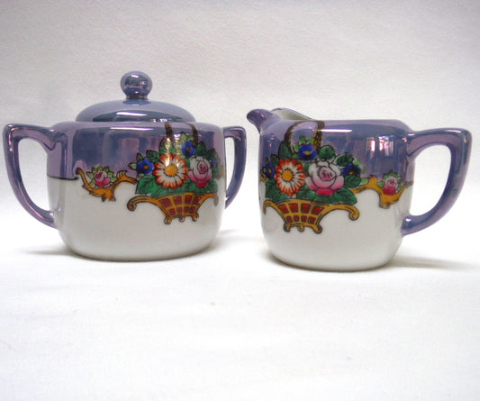 VINTAGE CREAM & SUGAR: Irradescent Robins-Blue Flower Basket by Noritake