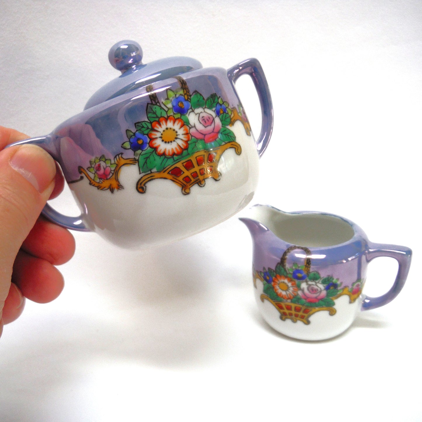 VINTAGE CREAM & SUGAR: Irradescent Robins-Blue Flower Basket by Noritake
