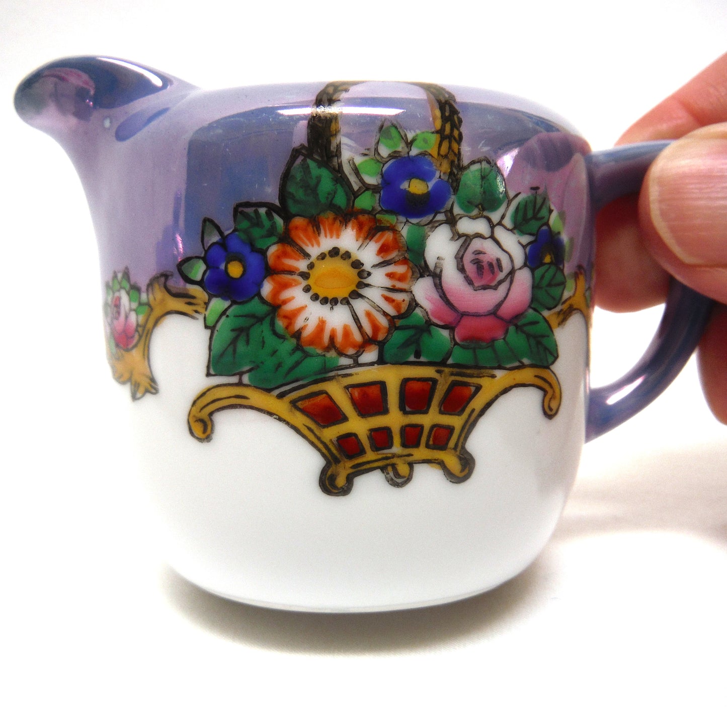 VINTAGE CREAM & SUGAR: Irradescent Robins-Blue Flower Basket by Noritake