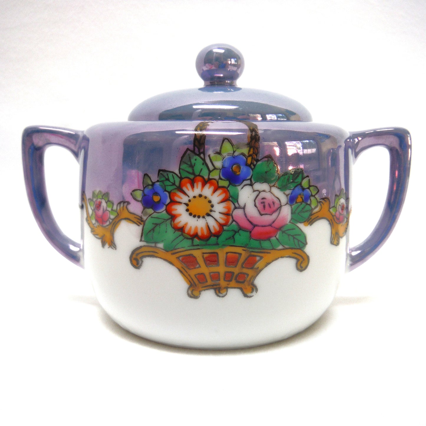 VINTAGE CREAM & SUGAR: Irradescent Robins-Blue Flower Basket by Noritake