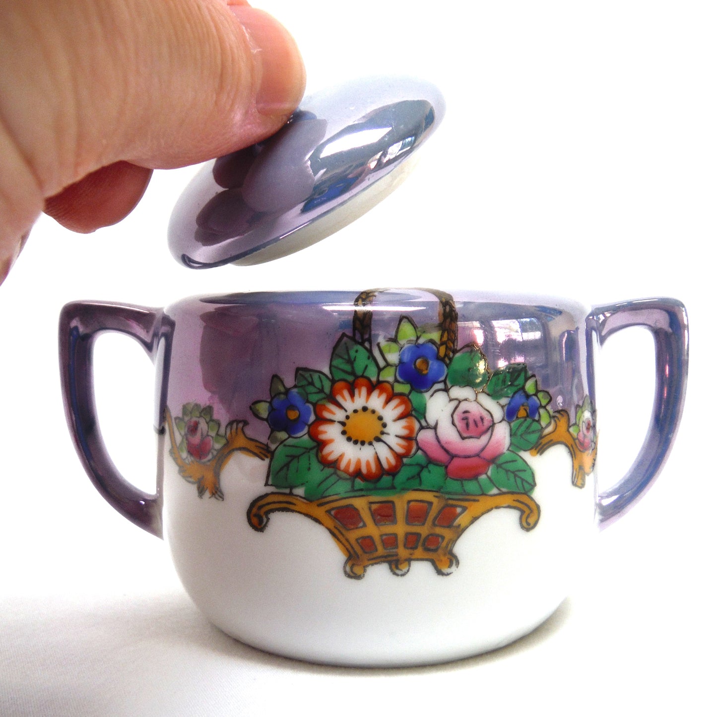 VINTAGE CREAM & SUGAR: Irradescent Robins-Blue Flower Basket by Noritake