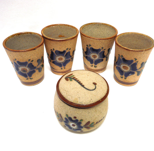 Contemporary Set of 4 Mexican Tequila Cups and Matching Candle: SIGNED BLUE PETUNIAS on Bare Mexican Earthenware