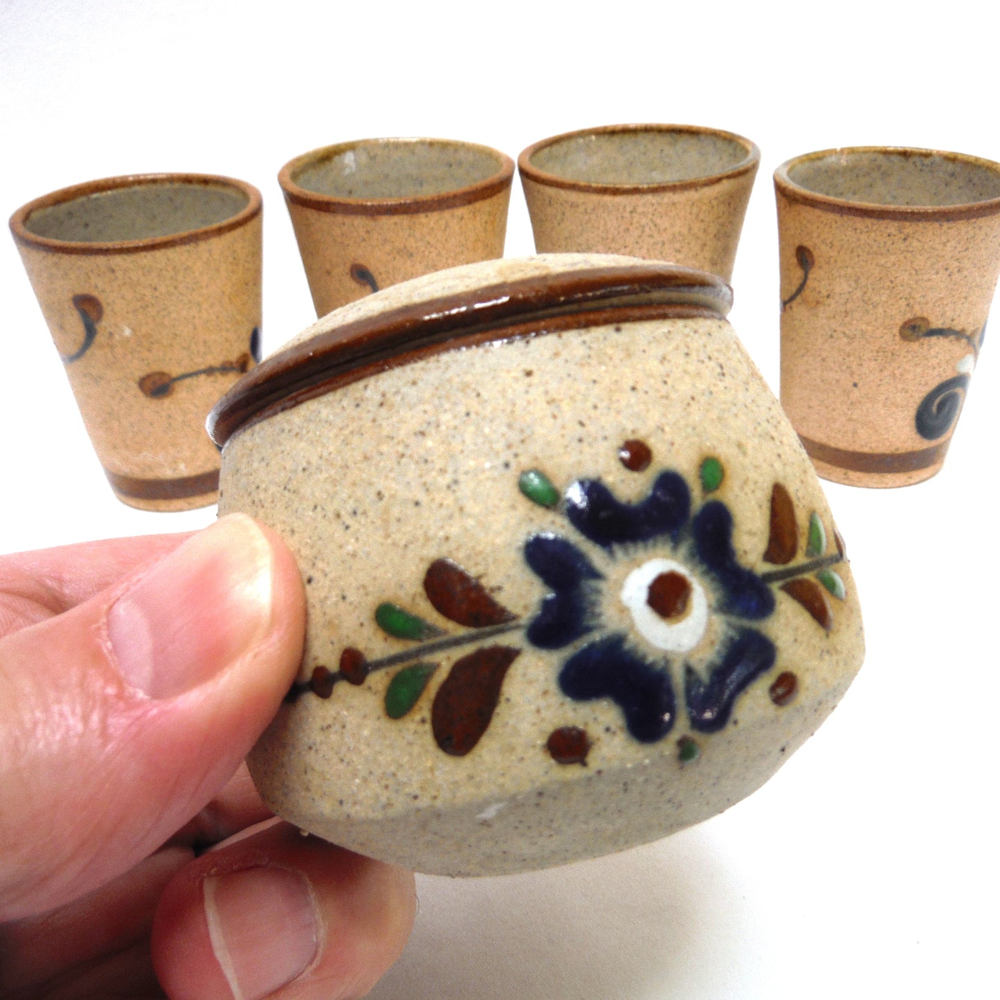Contemporary Set of 4 Mexican Tequila Cups and Matching Candle: SIGNED BLUE PETUNIAS on Bare Mexican Earthenware