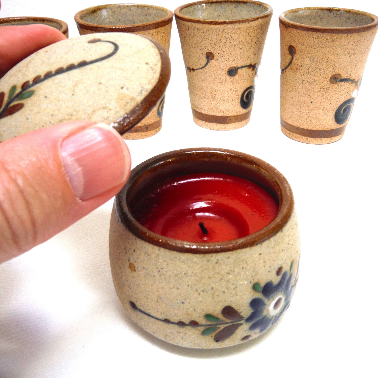 Contemporary Set of 4 Mexican Tequila Cups and Matching Candle: SIGNED BLUE PETUNIAS on Bare Mexican Earthenware