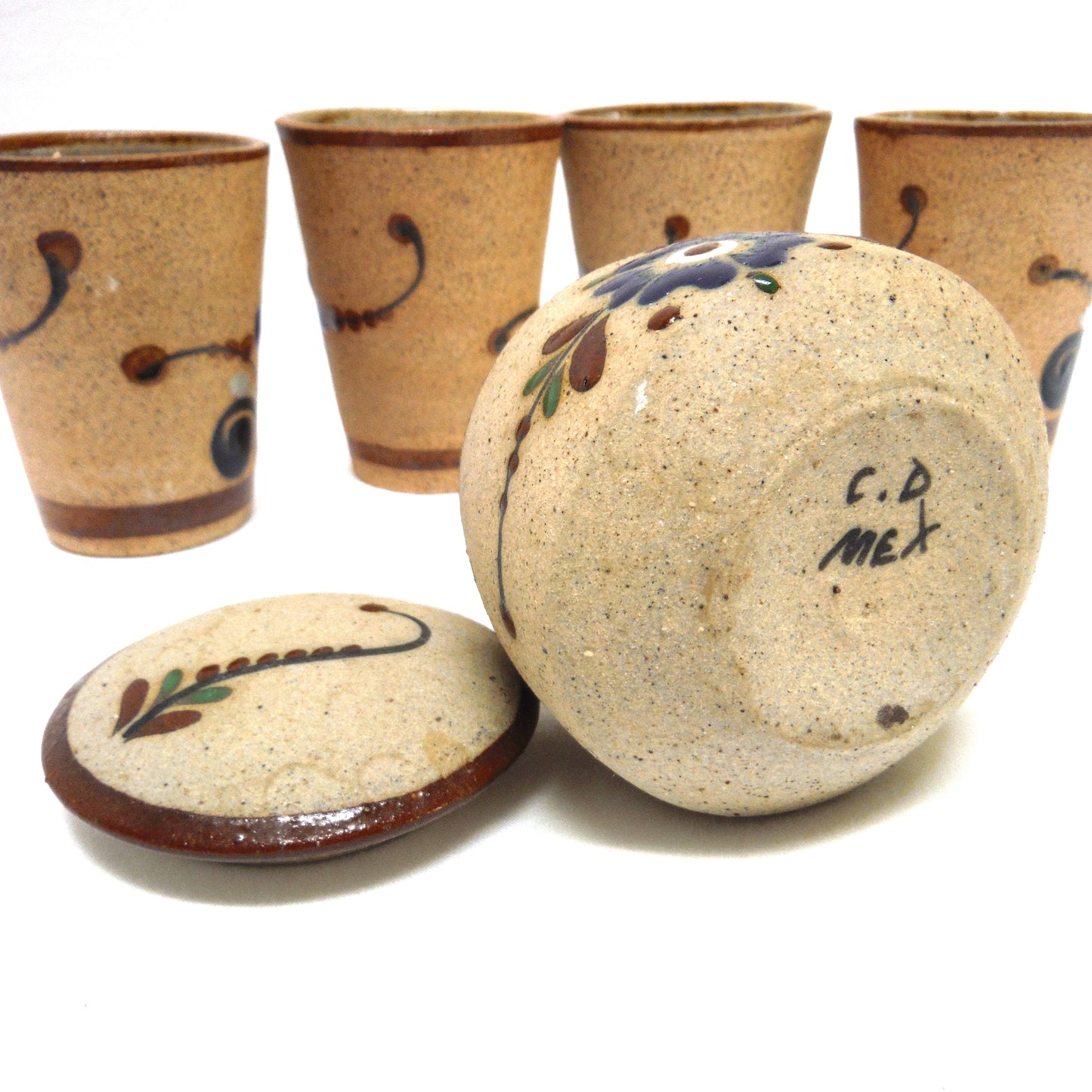 Contemporary Set of 4 Mexican Tequila Cups and Matching Candle: SIGNED BLUE PETUNIAS on Bare Mexican Earthenware