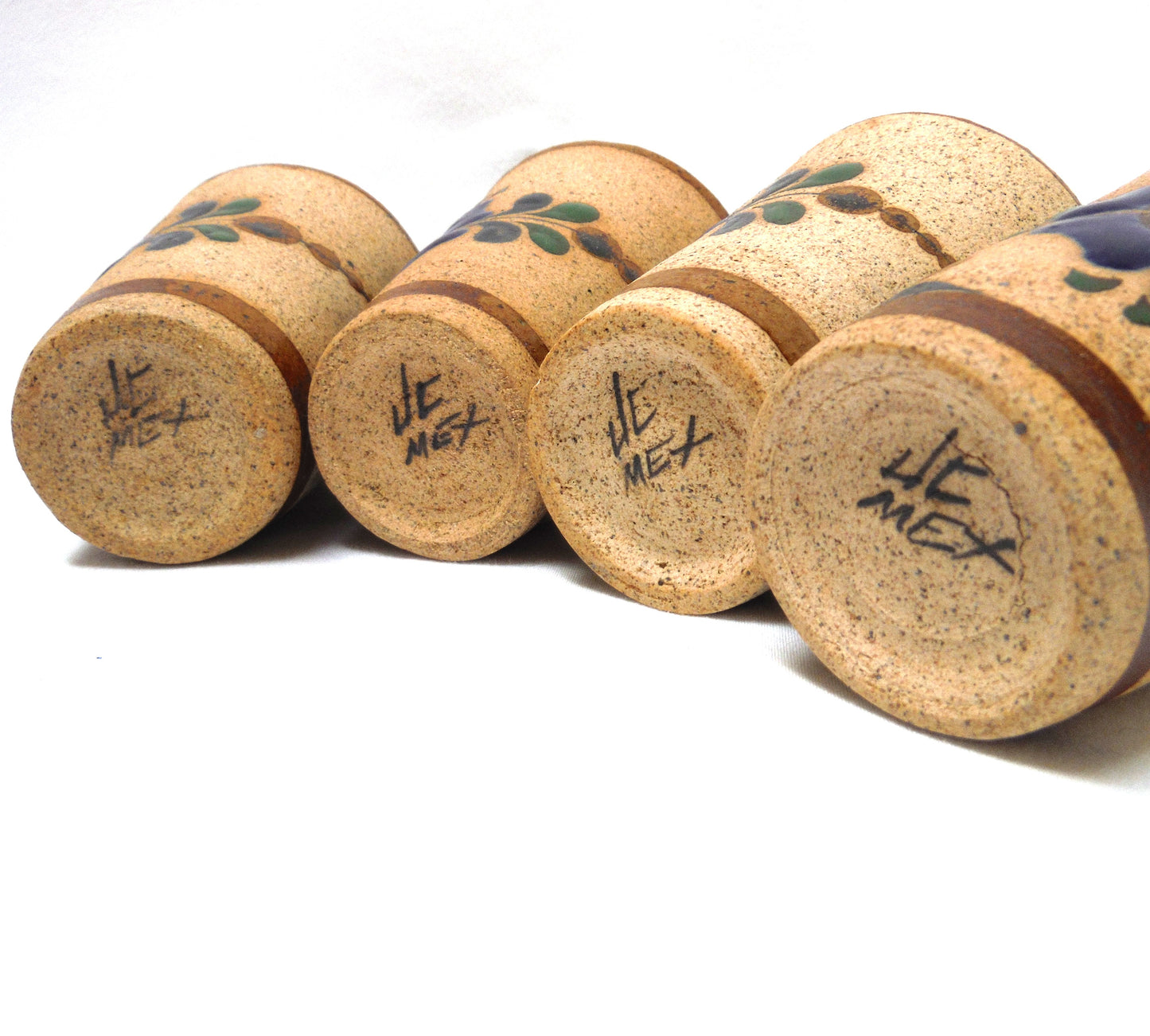 Contemporary Set of 4 Mexican Tequila Cups and Matching Candle: SIGNED BLUE PETUNIAS on Bare Mexican Earthenware