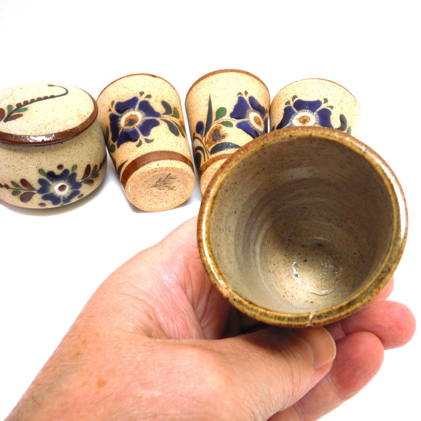 Contemporary Set of 4 Mexican Tequila Cups and Matching Candle: SIGNED BLUE PETUNIAS on Bare Mexican Earthenware
