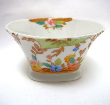 SMALL ANTIQUE SQUARE BOWL FROM JAPAN: 'Hand-Painted Blue and Yellow Flowers'