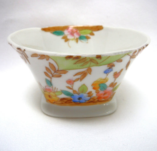 SMALL ANTIQUE SQUARE BOWL FROM JAPAN: 'Hand-Painted Blue and Yellow Flowers'