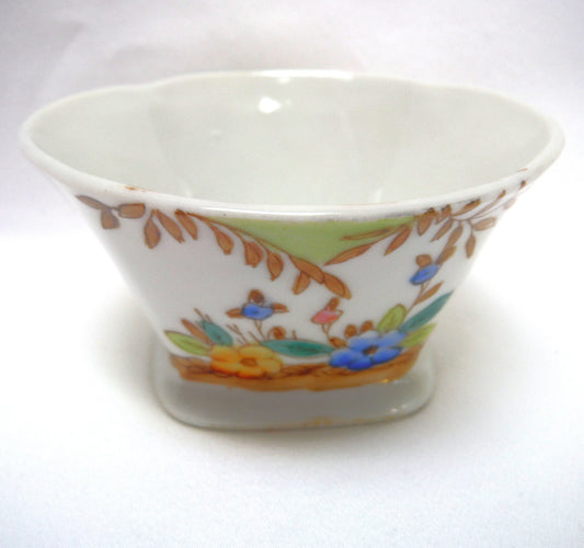 SMALL ANTIQUE SQUARE BOWL FROM JAPAN: 'Hand-Painted Blue and Yellow Flowers'